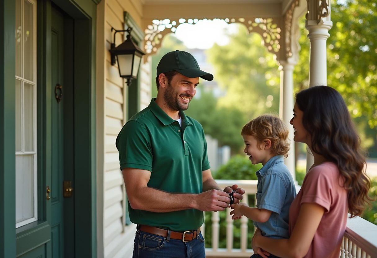 Locksmith handing new keys to a family on their verandah — Breakfast Point